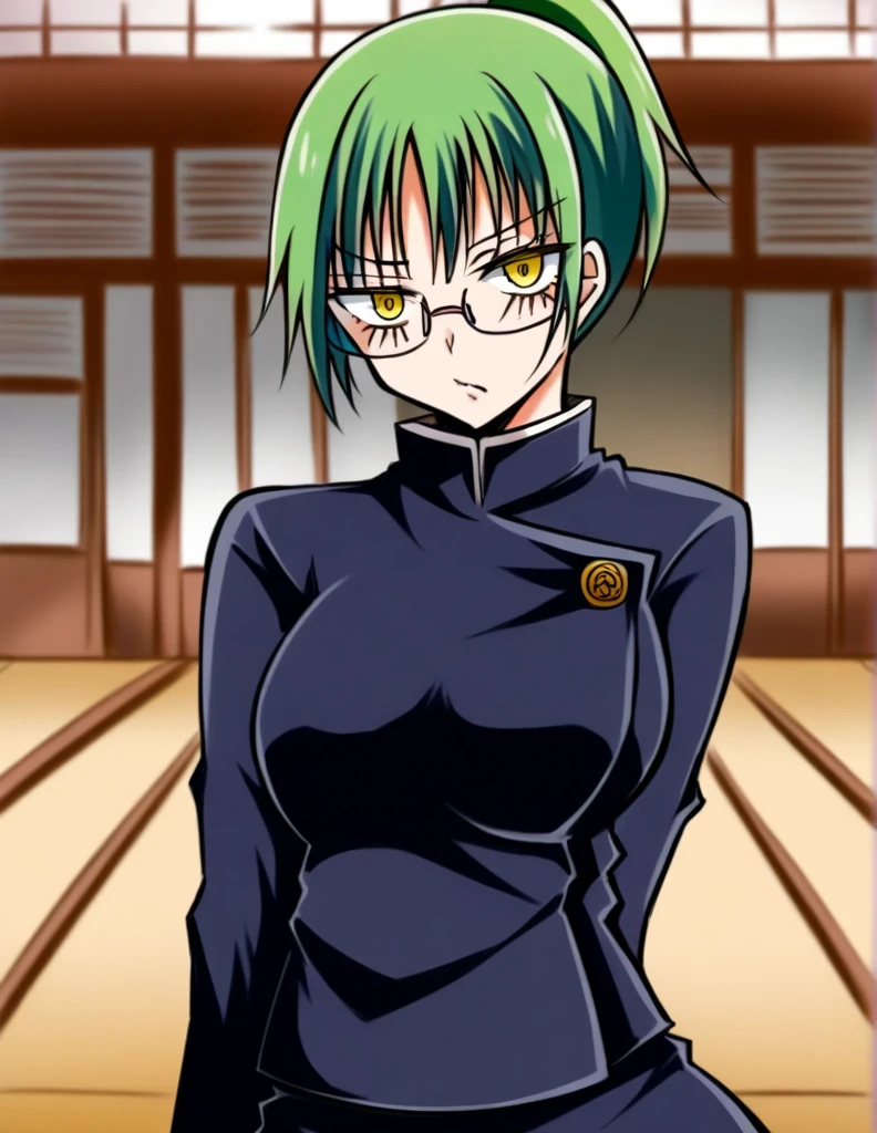 score_9, score_8_up, score_7_up, source_anime,
MakiZenin, Maki Zenin, green ponytail hair, glasses, yellow eyes,
blue tight skirt, blue tight jacket, jujutsu kaisen uniform,
indoors, dojo, seductive pose,
solo, looking at viewer,