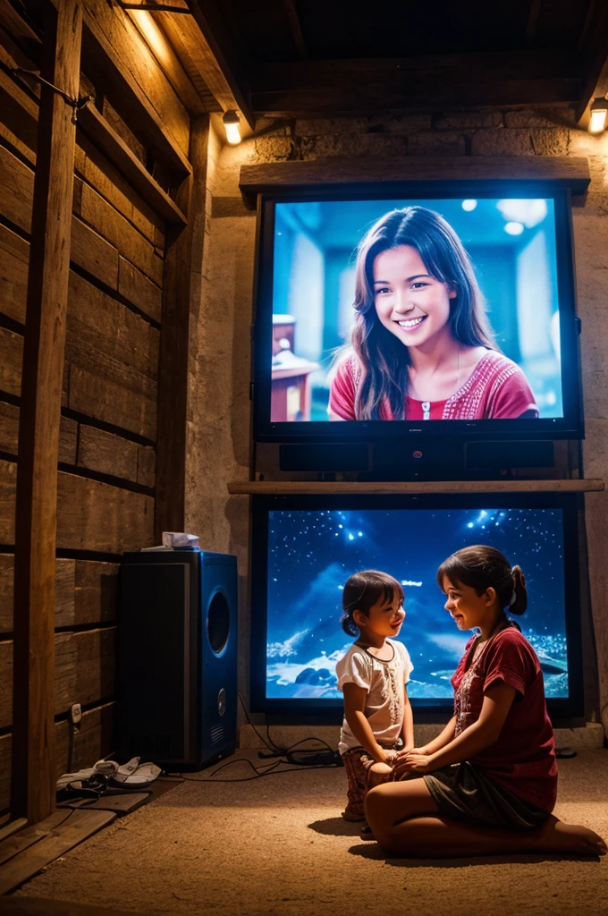 Some people in the village are happy to watching movie on projector images