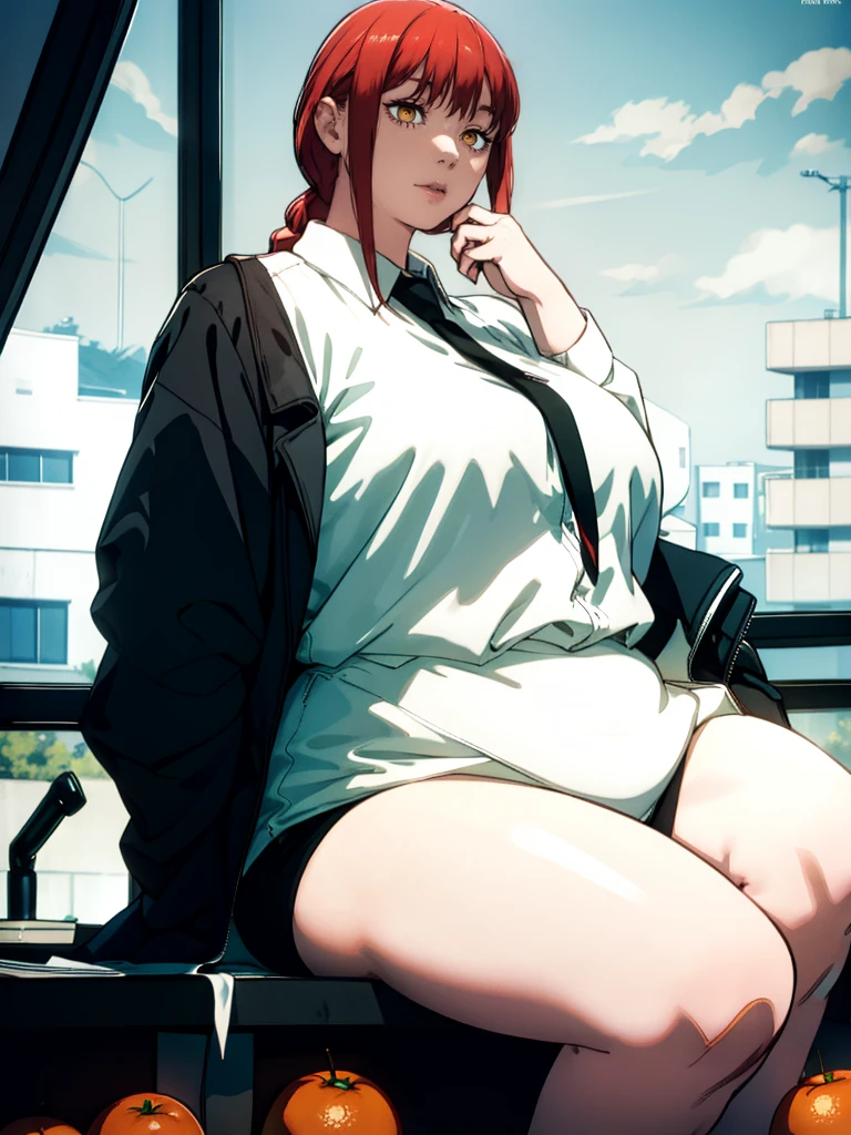 Le personnage Makima de la série animée Chainsaw Man, fragile, obésité morbide, ssbbw, pleine longueur (corps entier 1.1.), fond sombre, obscurité, anatomie correcte 1.1, anatomie correcte de la main, Très féminin, corps gras et rond, grosses Jambes, fesses, beau corps obèse, ventre rond et mou très gras, cheveux roux, Yeux oranges, Cercles rouges pour les écoliers, chemise blanche, jupe noire, cravate noire, pose sexy, réaliste, very détaillé, beau corps, détaillé body, détaillé hands, détaillé, vibrant, détaillé Face, Conception des personnages de Makima. very détaillé, détaillé body, détaillé hands, détaillé Face, Art animé, Hugh Détails, Visage très abattu, détaillé eyes, Illustration ultra fine, Meilleure ombre, détail fin, beautiful détaillé glow, beautiful détaillé, Extraordinairement beau, extremely détaillé, inexpressif, composition épique, Style animé. art animé, Style animé. Jupe noire, chemise blanche, cravatte, pose sexy