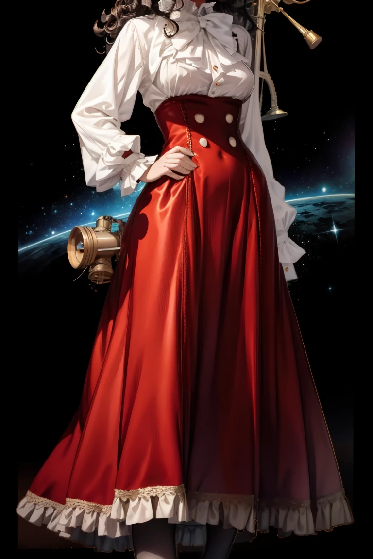 masterpiece, absurdres, 1girl, cowboyshot, tachi-e, mature woman, best aesthetics, medium breasts, wide hips, thick thighs, dark hair, curly hair, textured hair, hip-length hair, narrow eyes, dark skin, ankle-length dress, arched nose, soft shading, very detailed face, clean lines, dynamic pose, anatomically correct, hyperdetailed, beautiful lighting, dark atmosphere, dark eyeshadow, good makeup, detailed hair, green eyes, sparkling eyes, telescope, magic, fantasy, medieval, high fantasy, black stockings, comfy, cozy, tareme, medium chest, SFW, long dress, arms behind back, outdoors, constellations in sky, stargazing