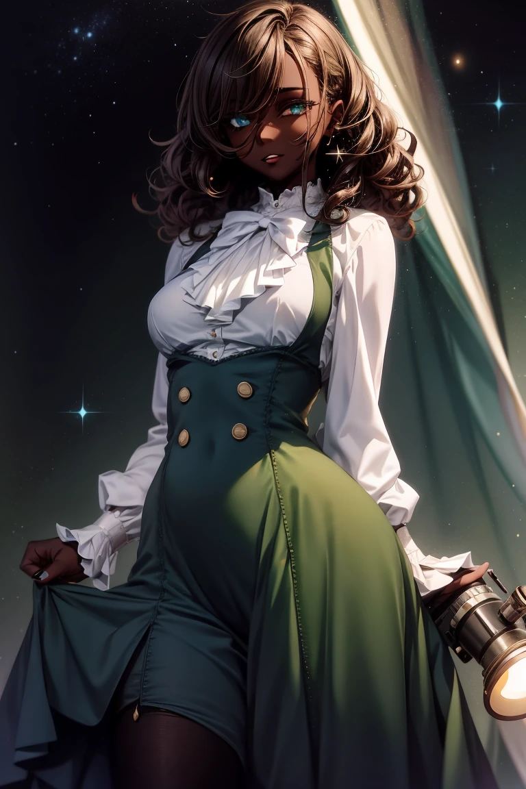 masterpiece, absurdres, 1girl, cowboyshot, tachi-e, mature woman, best aesthetics, medium breasts, wide hips, thick thighs, dark hair, curly hair, textured hair, hip-length hair, narrow eyes, dark skin, ankle-length dress, arched nose, soft shading, very detailed face, clean lines, dynamic pose, anatomically correct, hyperdetailed, beautiful lighting, dark atmosphere, dark eyeshadow, good makeup, detailed hair, green eyes, sparkling eyes, telescope, magic, fantasy, medieval, high fantasy, black stockings, comfy, cozy, tareme, medium chest, SFW, long dress, arms behind back, outdoors, constellations in sky, stargazing