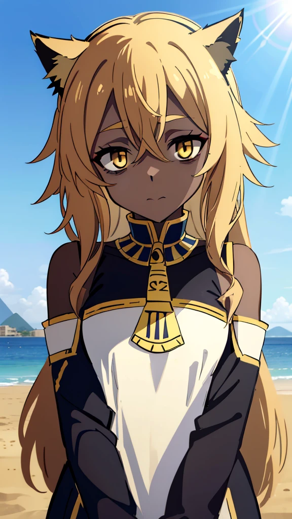(1girl ,solo,20s,mature female),blonde hair,long hair,cat ears,yellow eyes,(((dark skin))),(Egypt, blue sky, sun),white egypt oufit,bare shoulders,looking at view,Bags under eyes