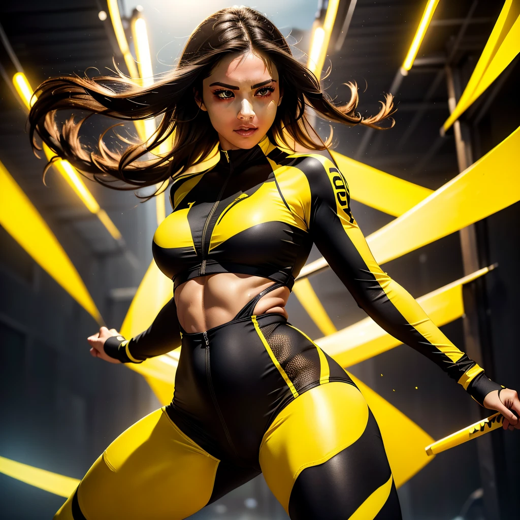 A beautiful and formidable female Wolverine stands in a dynamic, action-packed pose. She has sharp, retractable adamantium claws extended from her knuckles, gleaming menacingly in the light. Her outfit is yellow in color and black stylish elements on shoulder, forearm waist, short yellow skirt with black patterns, a black thigh high boots. She has long, flowing hair cascading down her shoulders and intense, piercing eyes that reflect her ferocity and determination. The clothing is thin skin tight revealing curves of the body