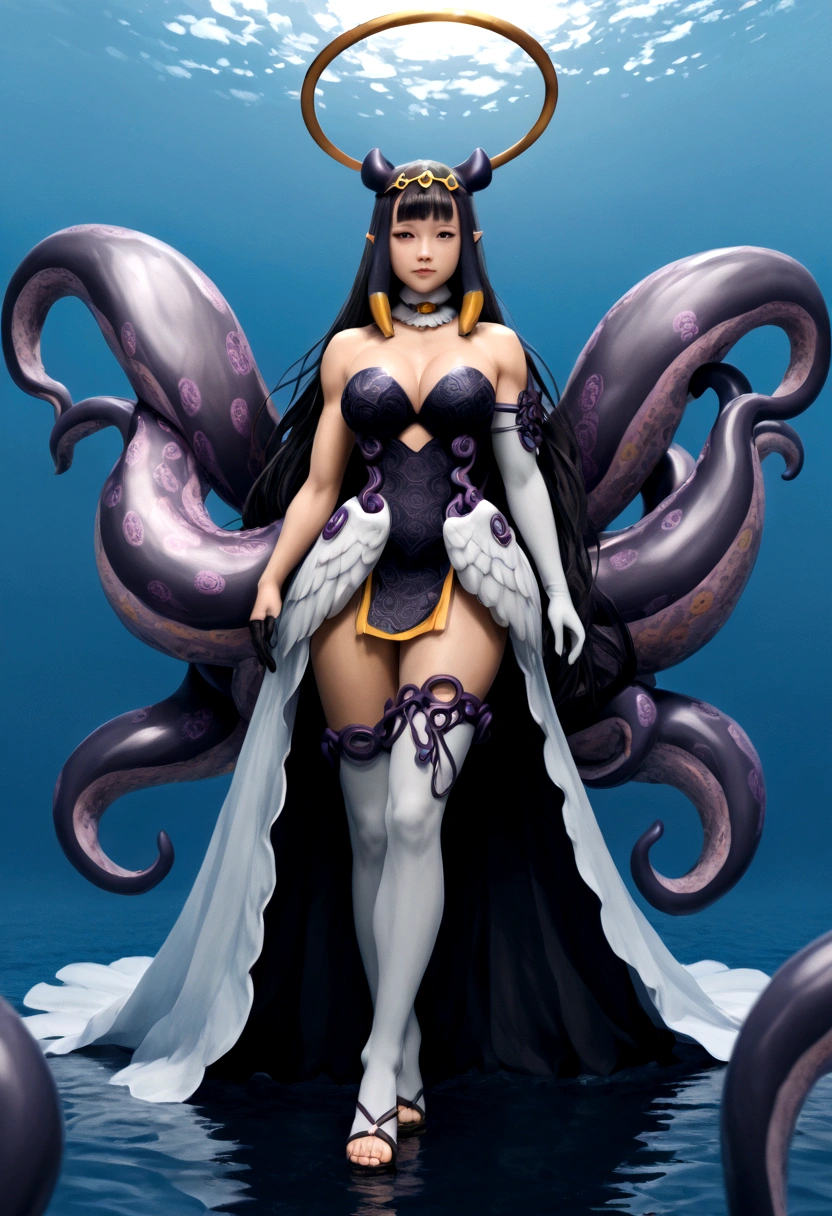 inapriestess, strapless dress, single thighhigh, single detached sleeve, black gloves, low wings, halo, detailed octopus tentacles, mole under eye, extreme muscular body, big breasts, 4 arms, full body.