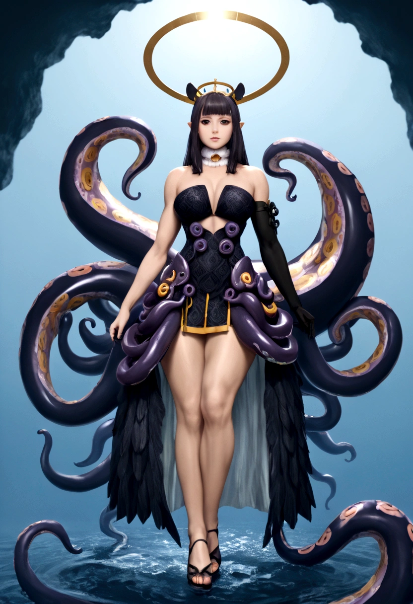 inapriestess, strapless dress, single thighhigh, single detached sleeve, black gloves, low wings, halo, detailed octopus tentacles, mole under eye, extreme muscular body, big breasts, 4 arms, full body.