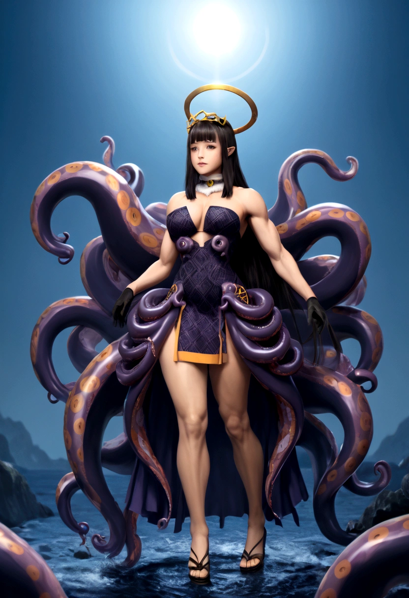 inapriestess, strapless dress, single thighhigh, single detached sleeve, black gloves, low wings, halo, detailed octopus tentacles, mole under eye, extreme muscular body, big breasts, 4 arms, full body.