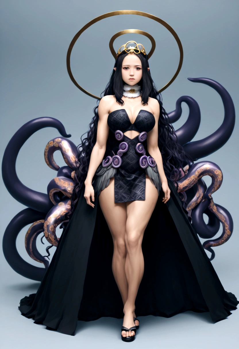 inapriestess, strapless dress, single thighhigh, single detached sleeve, black gloves, low wings, halo, detailed octopus tentacles, mole under eye, extreme muscular body, big breasts, 4 arms, full body.