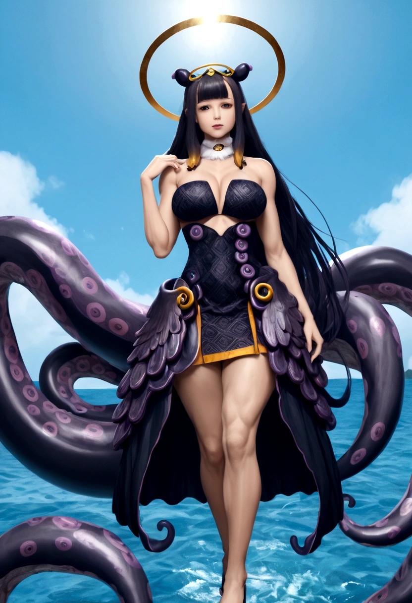 inapriestess, strapless dress, single thighhigh, single detached sleeve, black gloves, low wings, halo, detailed octopus tentacles, mole under eye, extreme muscular body, big breasts, 4 arms, full body.