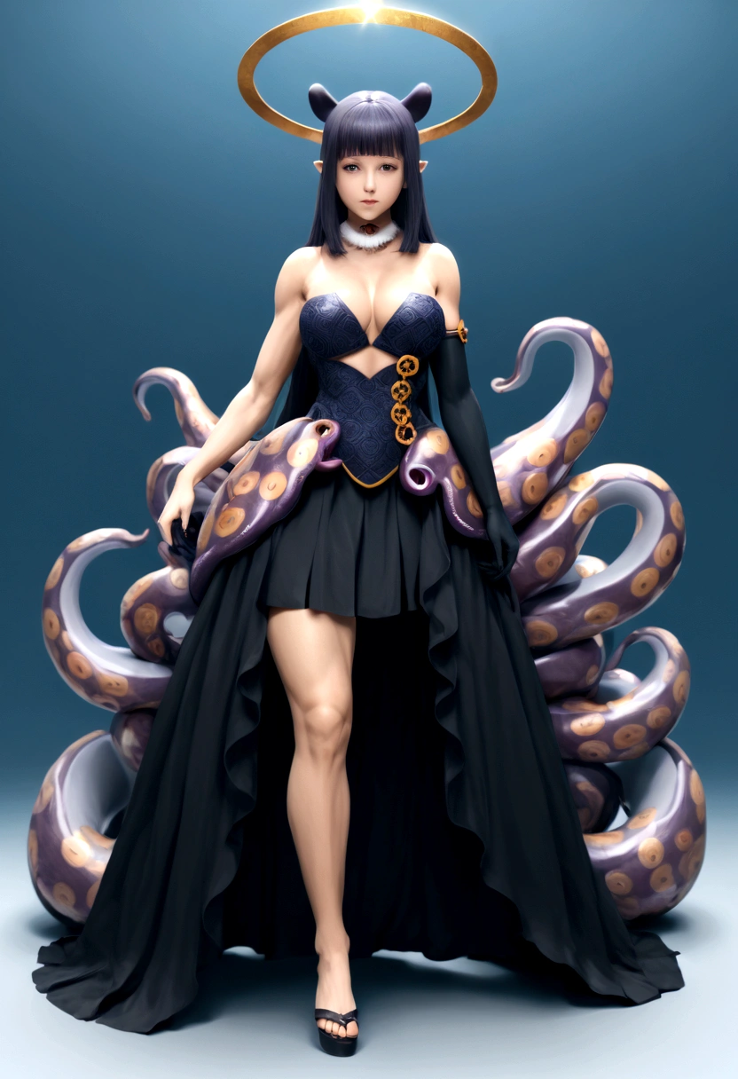 inapriestess, strapless dress, single thighhigh, single detached sleeve, black gloves, low wings, halo, detailed octopus tentacles, mole under eye, extreme muscular body, big breasts, 4 arms, full body.