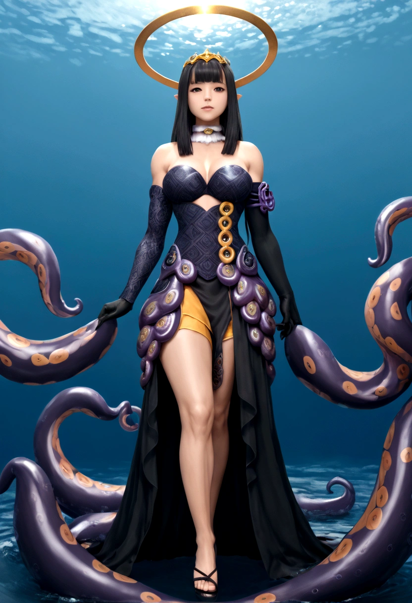 inapriestess, strapless dress, single thighhigh, single detached sleeve, black gloves, low wings, halo, detailed octopus tentacles, mole under eye, extreme muscular body, big breasts, 4 arms, full body.