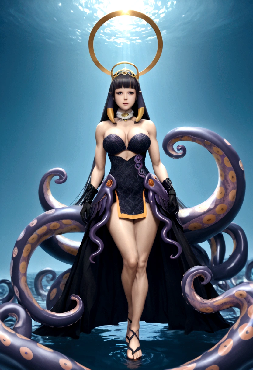 inapriestess, strapless dress, single thighhigh, single detached sleeve, black gloves, low wings, halo, detailed octopus tentacles, mole under eye, extreme muscular body, big breasts, 4 arms, full body.