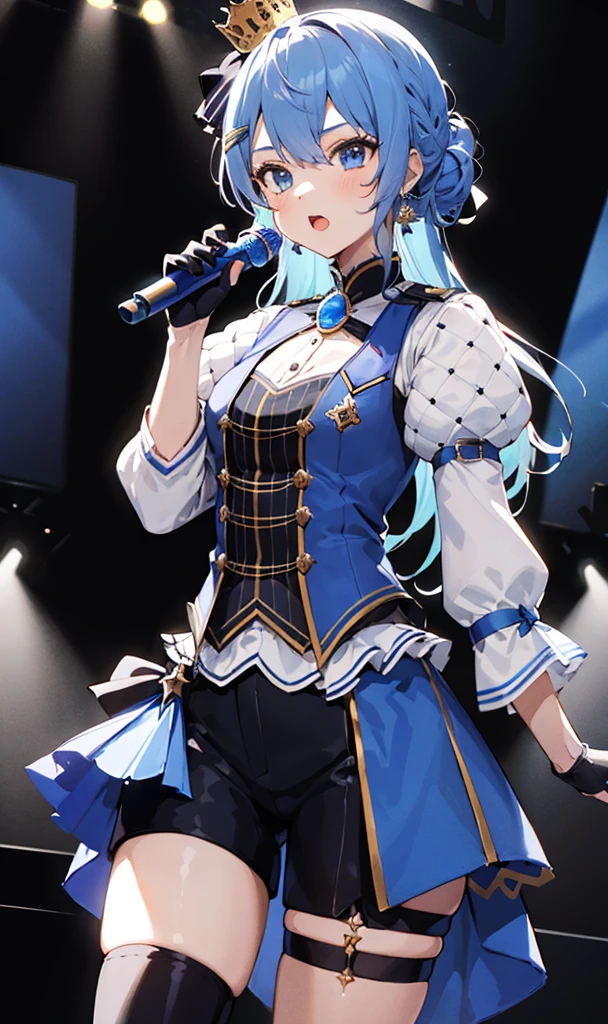 1girl, solo, concert, stage, stage lights, cowboy shot, idol, SuiseiStellar, long hair, half updo, tilted crown, white shrug \(clothing\), juliet sleeves, blue brooch, blue pinstripe shirt, blue vest, half gloves, blue shorts, half-skirt, o-ring thigh strap, single thigh boot 