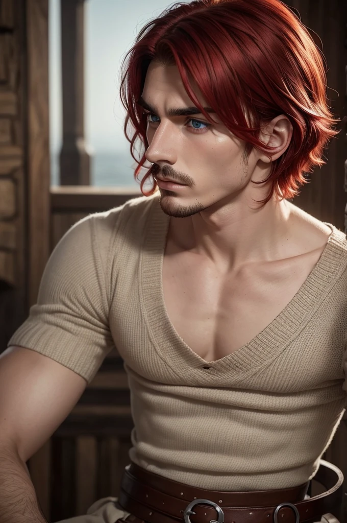 having red hair, High cheekbones and bright blue eyes. Ferreiro Vit, 18 years old, short black hair with a goatee mustache and a serious look and a little dark circles under his eyes from the middle ages