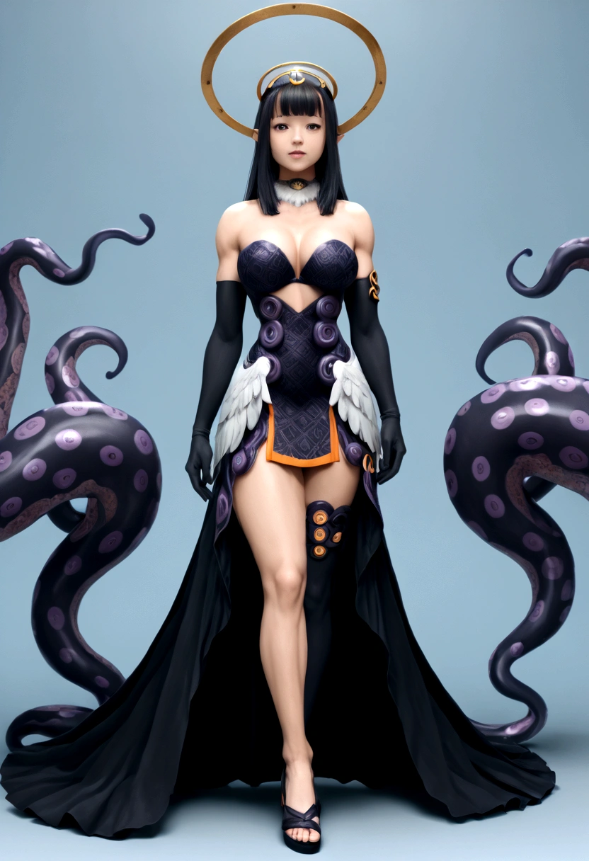 inapriestess, strapless dress, single thighhigh, single detached sleeve, black gloves, low wings, halo, detailed octopus tentacles, mole under eye, extreme muscular body, big breasts, 4 arms, full body.