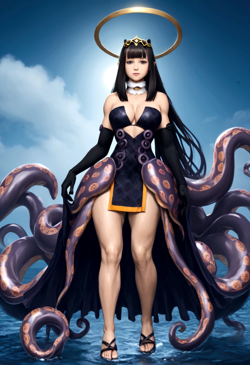 inapriestess, strapless dress, single thighhigh, single detached sleeve, black gloves, low wings, halo, detailed octopus tentacles, mole under eye, extreme muscular body, big breasts, 4 arms, full body.