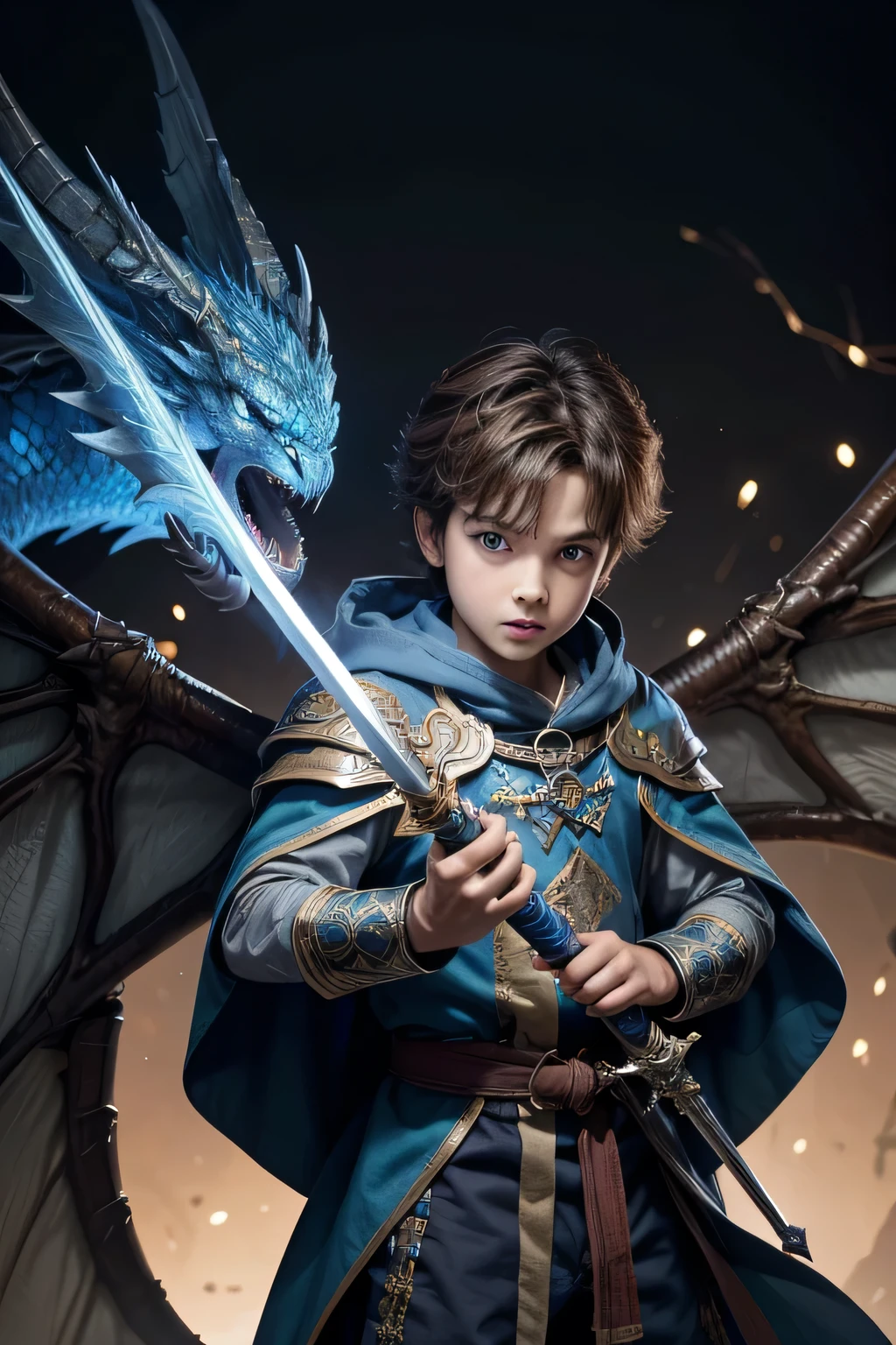 PRINCE 6 YEAR OLD BOY, lightBrown hair, WITH BLUE CLOAK, holding a sword FIGHTING A BLUE DRAGON, with huge wings and very fierce