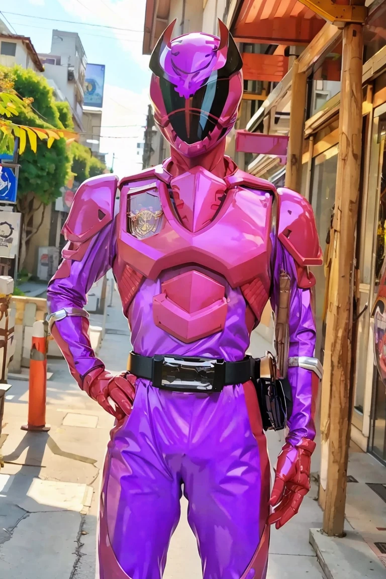 (masterpiece, best quality:1.2), Purple Kingohger, purple power ranger suit, power suit, masked, 1boy, solo