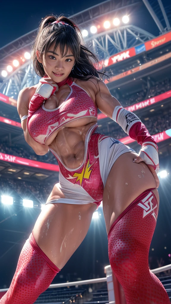 Female professional wrestler、Fighting Pose、smile、((On the Ring))、((Spotlight))、(((large stadium)))、((Super big breasts))、(Saggy breasts)、((Ultra tight uniform))、Wristband、(((A flashy costume with a bizarre pattern)))、((Elbow Support))、((Knee support))、Taping on fingers、I can see your abs、Bikini Style、Hairstyle with bangs、((Sweat))、((Match venue))、A large audience、Very beautiful woman、((Female Athletes))、(Detailed face)、Realistic skin、((Delicate photo)),(Girl Masterpiece RAW Photo Details:1.25), (Highest quality:1.6), (Ultra-high resolution:1.5), (Realistic:1.75), 8K resolution, Canon EOS R5, 50mm, Absurd, Ultra-detailed,Cinema Lighting、