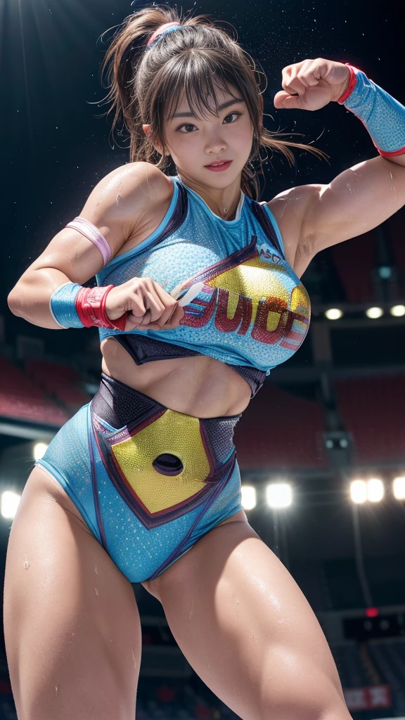Female professional wrestler、Fighting Pose、smile、((On the Ring))、((Spotlight))、(((large stadium)))、((Super big breasts))、(Saggy breasts)、((Ultra tight uniform))、Wristband、(((A flashy costume with a bizarre pattern)))、((Elbow Support))、((Knee support))、Taping on fingers、I can see your abs、Bikini Style、Hairstyle with bangs、((Sweat))、((Match venue))、A large audience、Very beautiful woman、((Female Athletes))、(Detailed face)、Realistic skin、((Delicate photo)),(Girl Masterpiece RAW Photo Details:1.25), (Highest quality:1.6), (Ultra-high resolution:1.5), (Realistic:1.75), 8K resolution, Canon EOS R5, 50mm, Absurd, Ultra-detailed,Cinema Lighting、
