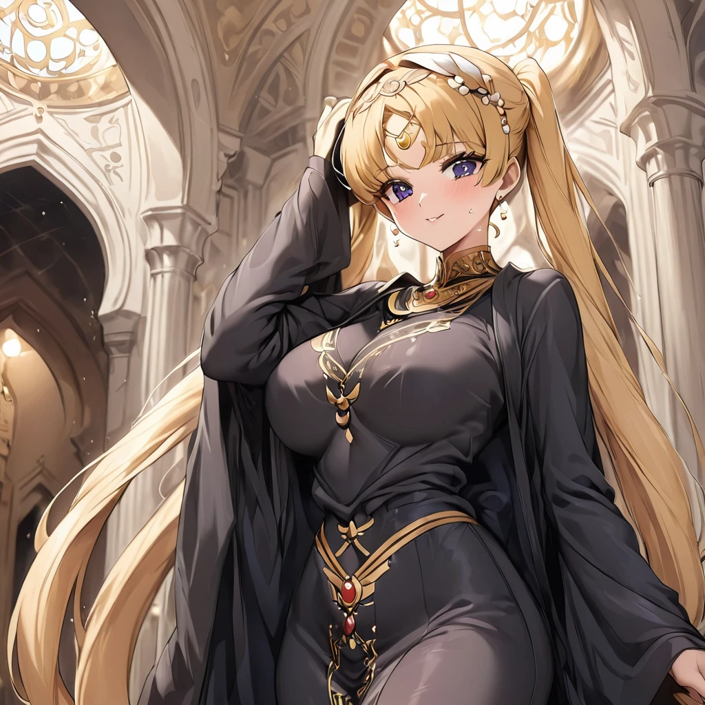 ((Highest quality)), ((masterpiece)), (detailed), (Perfect Face)、The woman is wearing a black hijab and abaya properly.、The woman is Tsukino Usagi, a devout Muslim., Arab with bright brown skin, In an Islamic prayer hall、She wears a gorgeous black abaya with gold embroidery.。, A gorgeous black hijab and niqab tightly covers her head, Gorgeous hair ornament, Gorgeous jewellery and engagement rings. The woman and the man are in a luxurious palace, And the woman、Wearing Arab national dress、In an Islamic prayer hall with a dignified bearded middle-aged Arab Muslim man。.、The woman is the elegant Tsukino Usagi, Her long blonde hair was tied in twin tails, Black abaya and、She is wearing a gorgeous, skin-tight black hijab and niqab.. She is a devout Muslim Arab with vibrant brown skin.。.、(The woman was named Tsukino Usagi.、He is a dark-skinned Arab and a devout Muslim.。.)
