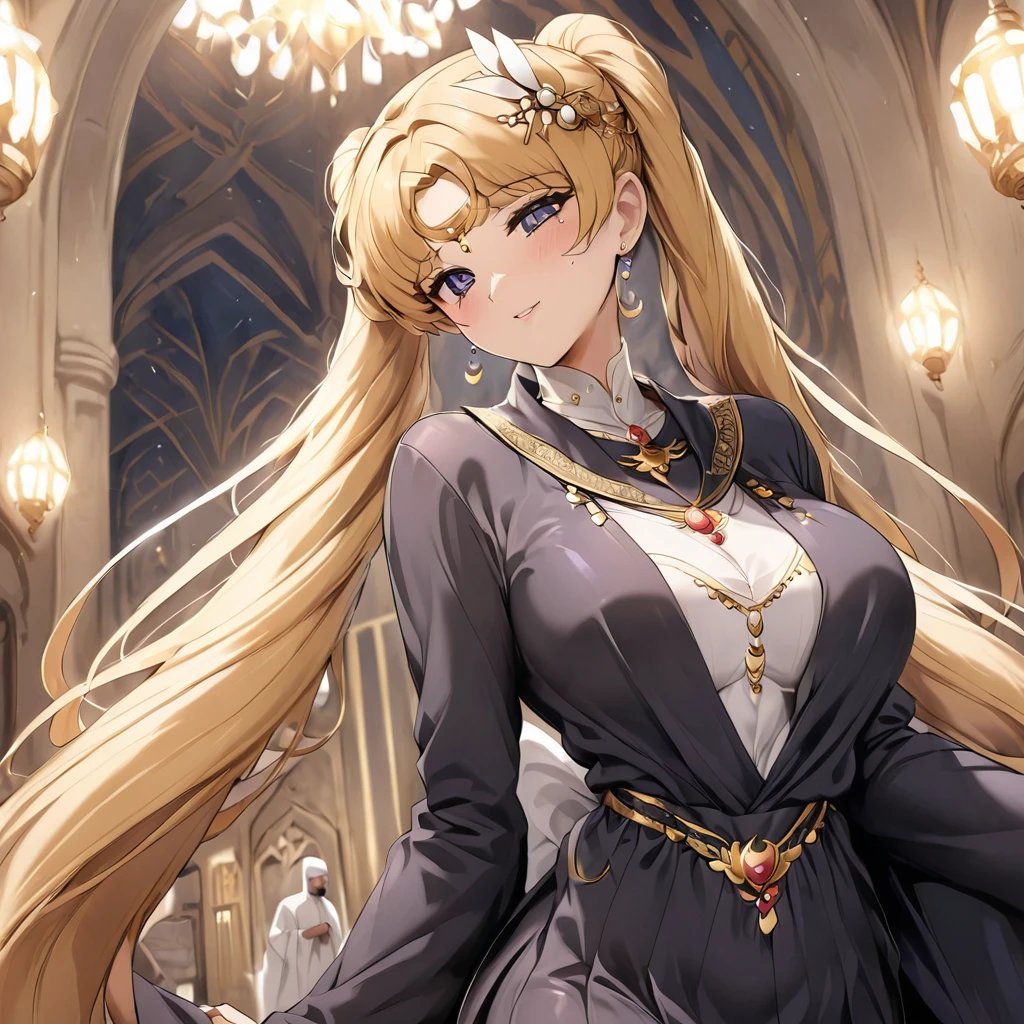 ((Highest quality)), ((masterpiece)), (detailed), (Perfect Face)、The woman is wearing a black hijab and abaya properly.、The woman is Tsukino Usagi, a devout Muslim., Arab with bright brown skin, In an Islamic prayer hall、She wears a gorgeous black abaya with gold embroidery.。, A gorgeous black hijab and niqab tightly covers her head, Gorgeous hair ornament, Gorgeous jewellery and engagement rings. The woman and the man are in a luxurious palace, And the woman、Wearing Arab national dress、In an Islamic prayer hall with a dignified bearded middle-aged Arab Muslim man。.、The woman is the elegant Tsukino Usagi, Her long blonde hair was tied in twin tails, Black abaya and、She is wearing a gorgeous, skin-tight black hijab and niqab.. She is a devout Muslim Arab with vibrant brown skin.。.、(The woman was named Tsukino Usagi.、He is a dark-skinned Arab and a devout Muslim.。.)