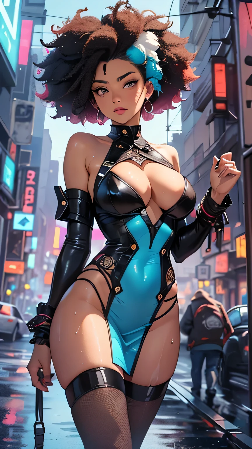 girl spacepunk,(((1girl))),((cute and beautiful afro haired girl)),((((black race)))), (large breasts:1.4),saggy breasts,(((( neon blue afro hair:1.35,((afro hair:1.35)),afrohair,afro:1.35,dark hair, neon blue hair,Double hair bun:1.3)))),medium hair,((heterochromia:1.5, (yellow_eye and red_eye))),intricate eyes,beautiful detailed eyes,symmetrical eyes,((fat)),((((tan,dark skin,black skin:1.35,dark-skinned_female,dark skin:1.3,ebony skin,lustrous skin:1.5,bright skin: 1.5,shiny skin,very shiny skin,shiny body,illuminated skin,wet legs)))),(spider lower abdomen,narrow waist,wide hip,athletic body,inflated legs),(((detailed face))), cute,slutty,sensual,seductive look,seductive,erotic,enchanting,((nsfw)), revealing clothing,show skin,(((neon green fishnet dress))),((slave collar)),(((wet clothes,intricate outfit,intricate clothes))), (dynamic pose:1.0),solo focus,embarrassed,(centered,scale to fit dimensions,Rule of thirds), cyberpunk city by the ocean at night, with bright neon signs and dark stormy clouds and puddles, scenery:1.25, artistic photography,(photography taken by sldr),highres, sharp focus, (ultra detailed, extremely detailed), (photorealistic artwork:1.37),(extremely detailed CG unity 8k wallpaper),((synthwave background theme)),(((vibrant colors))),(intricate background),(masterpiece),(best quality),
