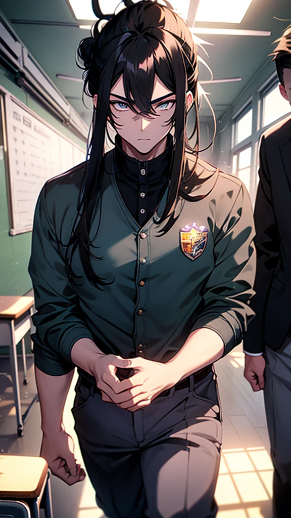 best quality, extremely detailed, anime style adult 1girl, long hair down to the waist, straight hair, ((dark black hair with bluish)),under bun,beautiful detailed eyes, pinched eyes, dark blue eyes, huge breasts,curvy,((((boys' school uniform)))),blazer,accessory,((((trousers)))),Clothes with a lot of cloth area,masculine attire,((handsome)),((classroom with light coming in))
