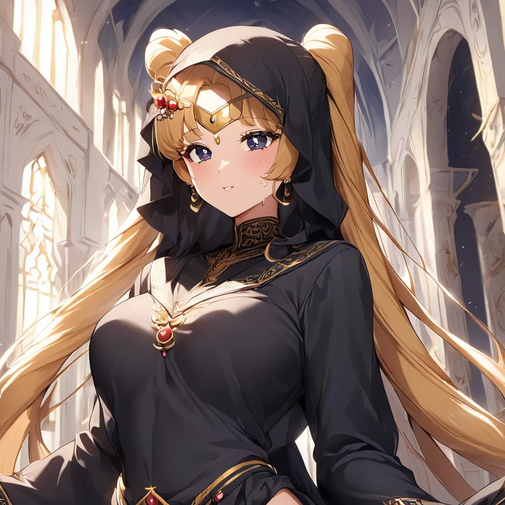 ((Highest quality)), ((masterpiece)), (detailed), (Perfect Face)、Women must wear black hijabs and niqabs、The woman is Tsukino Usagi, a devout Muslim., Arab with bright brown skin, In an Islamic prayer hall、She wears a gorgeous black abaya with gold embroidery.。, A gorgeous black hijab and niqab tightly covers her head, Gorgeous hair ornament, Gorgeous jewellery and engagement rings. The woman and the man are in a luxurious palace, And the woman、Wearing Arab national dress、In an Islamic prayer hall with a dignified bearded middle-aged Arab Muslim man。.、The woman is the elegant Tsukino Usagi, Her long blonde hair was tied in twin tails, Black abaya and、She is wearing a gorgeous, skin-tight black hijab and niqab.. She is a devout Muslim Arab with vibrant brown skin.。.、(The woman was named Tsukino Usagi.、He is a dark-skinned Arab and a devout Muslim.。.)