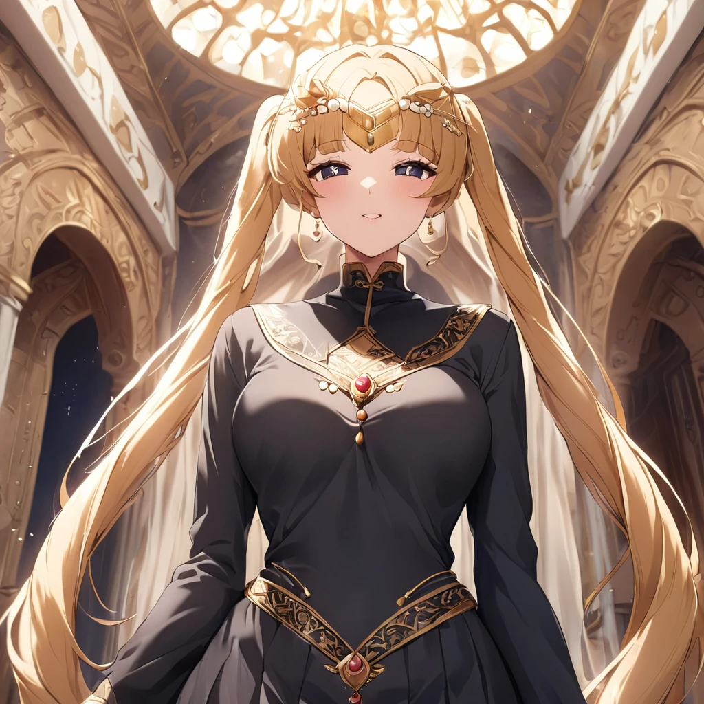 ((Highest quality)), ((masterpiece)), (detailed), (Perfect Face)、Women must wear black hijabs and niqabs、The woman is Tsukino Usagi, a devout Muslim., Arab with bright brown skin, In an Islamic prayer hall、She wears a gorgeous black abaya with gold embroidery.。, A gorgeous black hijab and niqab tightly covers her head, Gorgeous hair ornament, Gorgeous jewellery and engagement rings. The woman and the man are in a luxurious palace, And the woman、Wearing Arab national dress、In an Islamic prayer hall with a dignified bearded middle-aged Arab Muslim man。.、The woman is the elegant Tsukino Usagi, Her long blonde hair was tied in twin tails, Black abaya and、She is wearing a gorgeous, skin-tight black hijab and niqab.. She is a devout Muslim Arab with vibrant brown skin.。.、(The woman was named Tsukino Usagi.、He is a dark-skinned Arab and a devout Muslim.。.)