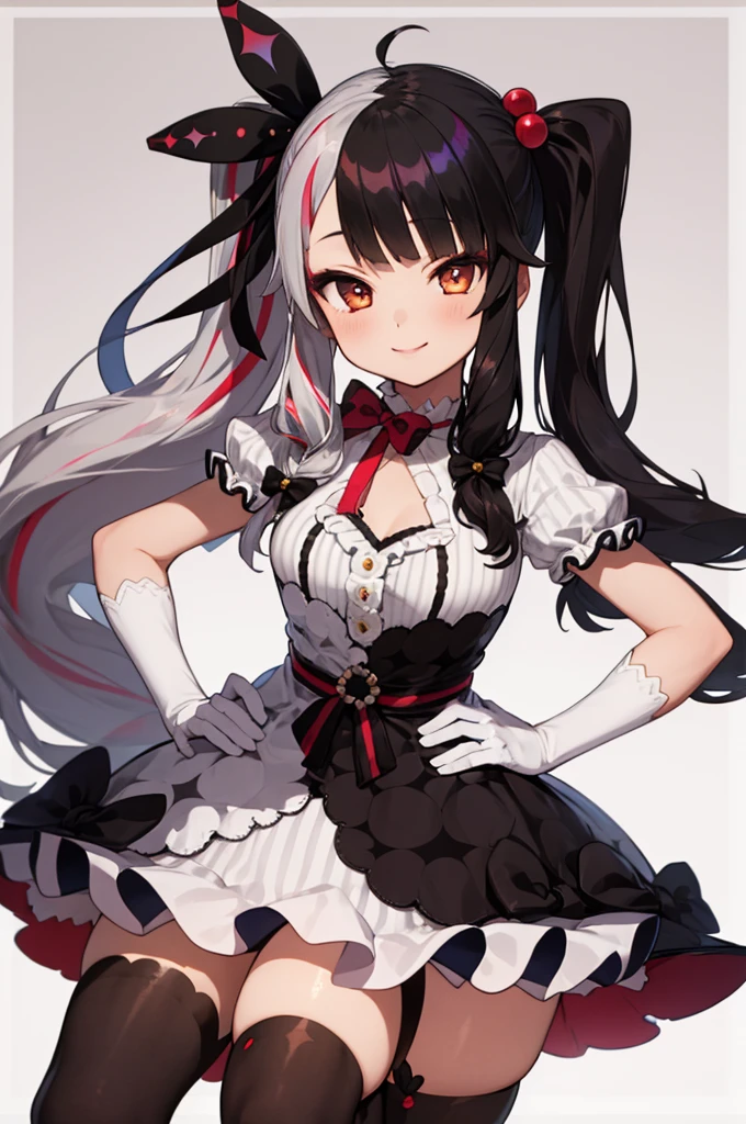 (masterpiece, best quality:1.2), solo, 1girl, yorumi rena, smile, looking at viewer, hands on hips, twintails, hair bobbles, hair ribbon, dress, striped, bow, puffy short sleeves, white gloves, asymmetrical legwear, thighhighs 