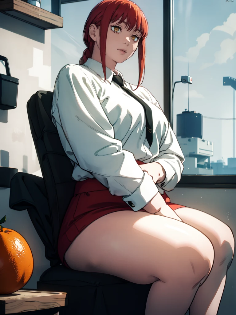 Le personnage Makima de la série animée Chainsaw Man, fragile, obésité morbide, ssbbw, pleine longueur (corps entier 1.1.), fond sombre, obscurité, anatomie correcte 1.1, anatomie correcte de la main, Très féminin, corps gras et rond, grosses Jambes, fesses, beau corps obèse, ventre rond et mou très gras, cheveux roux, Yeux oranges, Cercles rouges pour les écoliers, chemise blanche, jupe noire, cravate noire, pose sexy, réaliste, very détaillé, beau corps, détaillé body, détaillé hands, détaillé, vibrant, détaillé Face, Conception des personnages de Makima. very détaillé, détaillé body, détaillé hands, détaillé Face, Art animé, Hugh Détails, Visage très abattu, détaillé eyes, Illustration ultra fine, Meilleure ombre, détail fin, beautiful détaillé glow, beautiful détaillé, Extraordinairement beau, extremely détaillé, inexpressif, composition épique, Style animé. art animé, Style animé. Jupe noire, chemise blanche, cravatte, pose sexy