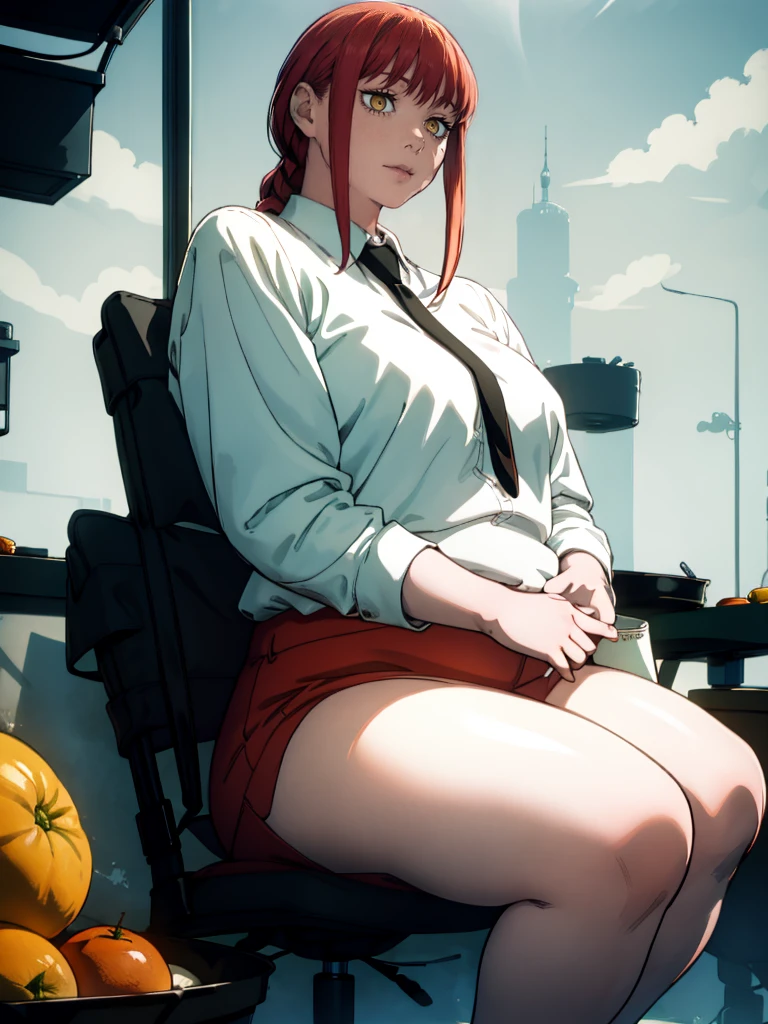 Le personnage Makima de la série animée Chainsaw Man, fragile, obésité morbide, ssbbw, pleine longueur (corps entier 1.1.), fond sombre, obscurité, anatomie correcte 1.1, anatomie correcte de la main, Très féminin, corps gras et rond, grosses Jambes, fesses, beau corps obèse, ventre rond et mou très gras, cheveux roux, Yeux oranges, Cercles rouges pour les écoliers, chemise blanche, jupe noire, cravate noire, pose sexy, réaliste, very détaillé, beau corps, détaillé body, détaillé hands, détaillé, vibrant, détaillé Face, Conception des personnages de Makima. very détaillé, détaillé body, détaillé hands, détaillé Face, Art animé, Hugh Détails, Visage très abattu, détaillé eyes, Illustration ultra fine, Meilleure ombre, détail fin, beautiful détaillé glow, beautiful détaillé, Extraordinairement beau, extremely détaillé, inexpressif, composition épique, Style animé. art animé, Style animé. Jupe noire, chemise blanche, cravatte, pose sexy