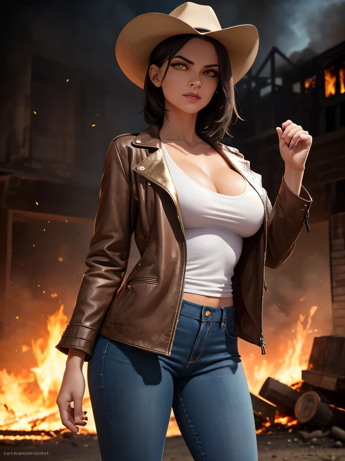 A fierce female gunslinger. she wears a (brown leather jacket), (cowboy hat), jeans, tanktop. athletic build, perfect breasts, detailed gold eyes, ((gold eyes:1.5)), purple lipstick, short black hair swept back, hair tied back, sharp facial features, firm jaw, sunken cheeks, age 30. Detailed hands. ((Detailed eyes)), ((Detailed face)). vibrant colors., high quality, high resolution, masterpiece, (High resolution), (high quality), (sharp focus), (best quality). Show her standing in a confident pose in front of a burning building, intense dangerous expression, angry smile, full body shot. pov from the side. nisha kadam