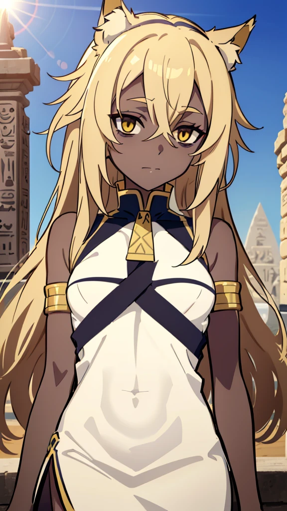 (1girl ,solo,20s,mature female),blonde hair,long hair,cat ears,yellow eyes,(((dark skin))),(Egypt, blue sky, sun),white egypt oufit,bare shoulders,looking at view,Bags under eyes