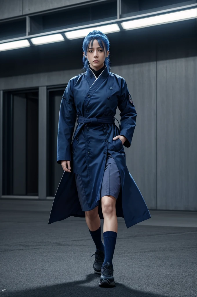 jujutsu Kaisen scene of a female with dark blue (54689A) hair and blue eyes she is wearing a jujutsu kaisen dark blue uniform with an ankle lenght skirt and a light blue coat (9AB7D) with a blue jacket (A7B4C3) wrapped around her waist