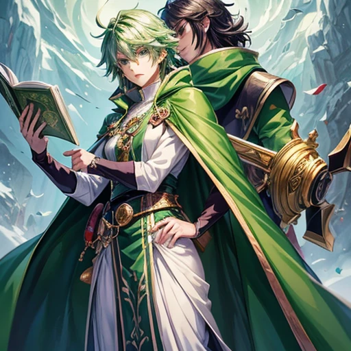 Anime-style image of a woman wearing a green cape and green cloak, Kashmir Art, Beautiful androgynous prince, Handsome men from Demon Slayer, picture of a male cleric, Official character illustration, A delicate androgynous prince, Inspired by Chris from Deltarune, Official Art, Official character art, Dressed like a priest