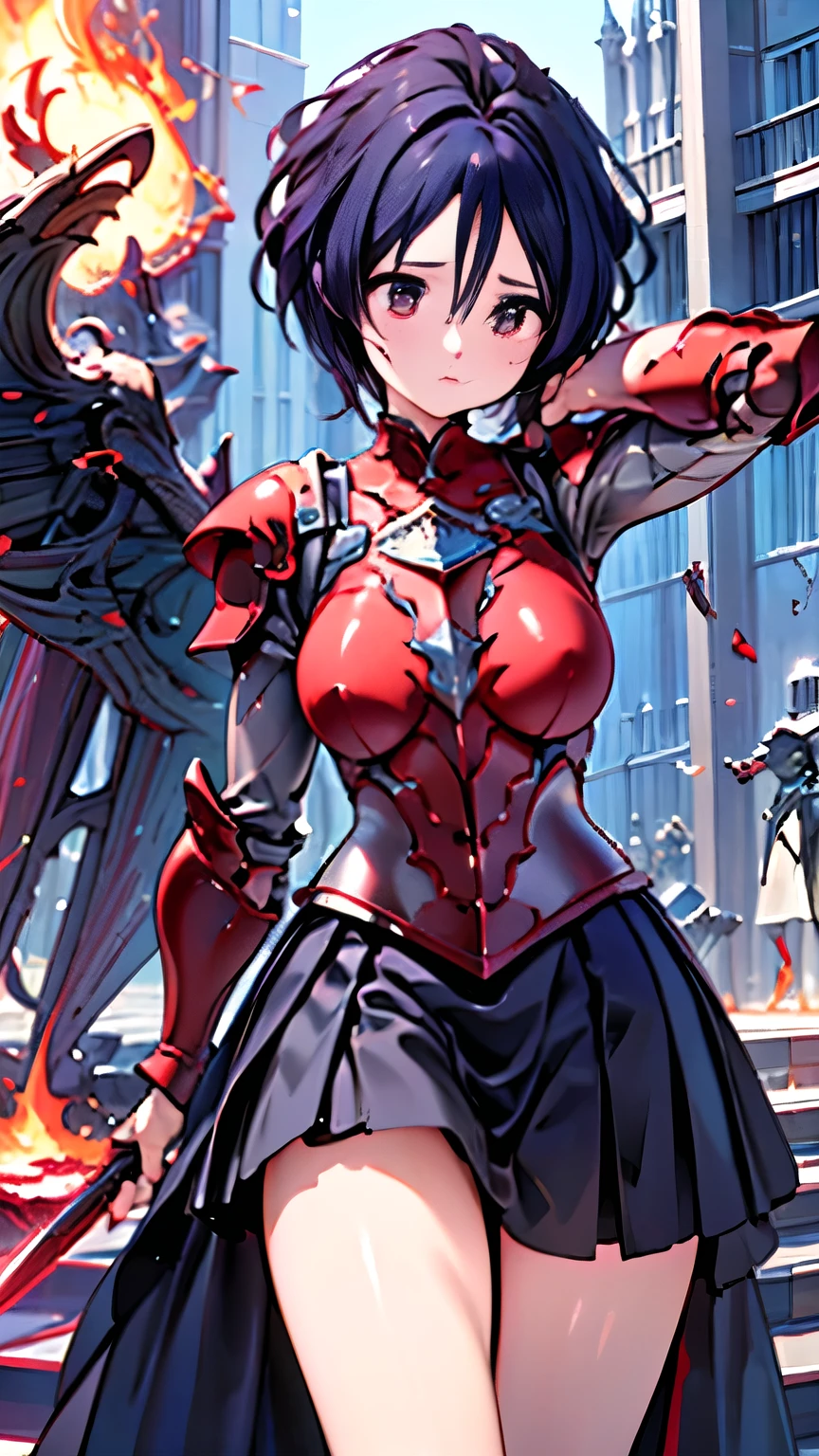 Very beautiful woman、Slender women、(Detailed face)、Realistic Skin、((Knight of Fire)), (((Red Armor:1.25)))、((((Black armor with very fine and intricate decoration))))、((Delicate photo)),(Girl Astepeace RAW Photo Details:1.25), (highest quality:1.6), (超A high resolution:1.5), (Realistic:1.75), 8K resolution, Canon EOS R5, 50mm, Absurd, Ultra-detailed,Cinema Lighting,Battlefields of Medieval Europe、((battle))、RPG World、Final Fantasy、(((Embellished skirt)))、Thigh-high socks、Shin Guards、night、、Get six-pack、Torn Cloak、Beautiful Armor、(((Giant Sword)))、In combat、The wind is blowing、(((Inferno filling the entire area)))、(((Leading a large group of red knights)))、(((Knight Commander)))、Armor with a Phoenix motif、Old scar on right cheek:1.2、((Fire blaze))、(((Battle Scene)))