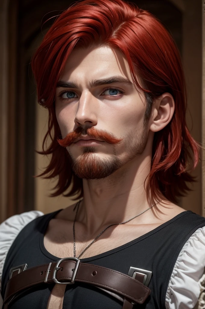 having red hair, High cheekbones and bright blue eyes. Ferreiro Vit, 18 years old, short black hair with a goatee mustache and a serious look and a little dark circles under his eyes from the middle ages