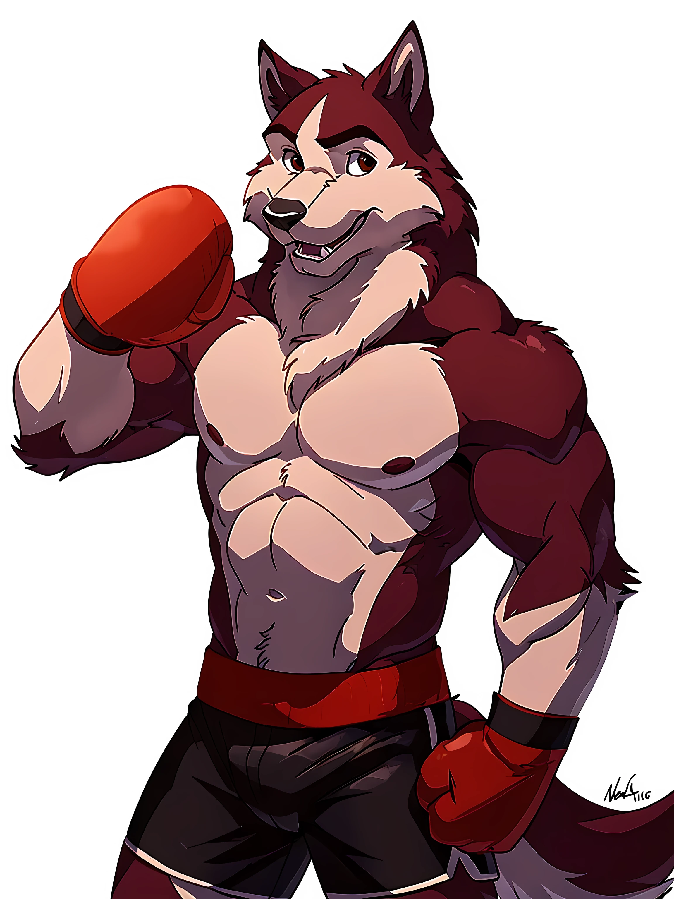 kodi, kodiak (balto), red fur, detailed, detailed face, detailed eyes, anthro body, black lineart, black outline, male, young adult, muscular body, brown eyes, cartoon shading, cel shaded:1.0, confident, proud, smile, front view:1.1, boxing shorts, full body:1.2, wolf tail, (wearing boxing gloves, detailed boxing gloves):1.1, (no background, white background):1.5, bare chest, by wfa, by negger, closed mouth