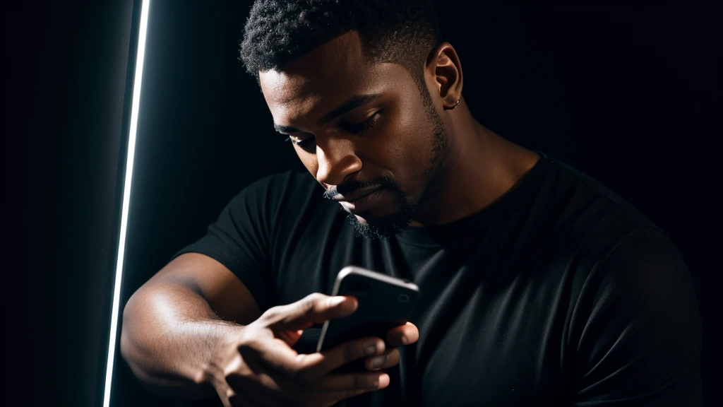 Man having fun using his cell phone, detailed hands, black backdrop, the light from the cell phone reflects on the man's face.