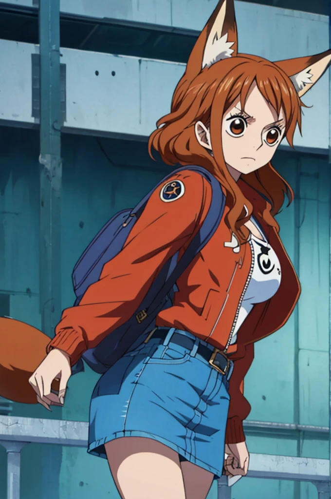 one piece, Woman, fox ear, fox tail, jeans jacket, brownhair, eyes browns, red backpack on the back, best qualityer, denim skirt, belt with fox symbol, facing forward, work of art