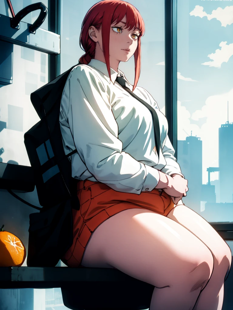 Le personnage Makima de la série animée Chainsaw Man, fragile, obésité morbide, ssbbw, pleine longueur (corps entier 1.1.), fond sombre, obscurité, anatomie correcte 1.1, anatomie correcte de la main, Très féminin, corps gras et rond, grosses Jambes, fesses, beau corps obèse, ventre rond et mou très gras, cheveux roux, Yeux oranges, Cercles rouges pour les écoliers, chemise blanche, jupe noire, cravate noire, pose sexy, réaliste, very détaillé, beau corps, détaillé body, détaillé hands, détaillé, vibrant, détaillé Face, Conception des personnages de Makima. very détaillé, détaillé body, détaillé hands, détaillé Face, Art animé, Hugh Détails, Visage très abattu, détaillé eyes, Illustration ultra fine, Meilleure ombre, détail fin, beautiful détaillé glow, beautiful détaillé, Extraordinairement beau, extremely détaillé, inexpressif, composition épique, Style animé. art animé, Style animé. Jupe noire, chemise blanche, cravatte, pose sexy