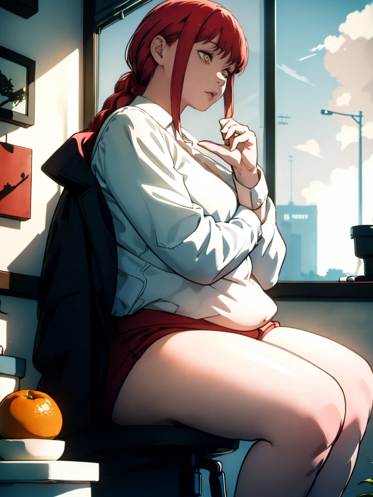 Le personnage Makima de la série animée Chainsaw Man, fragile, obésité morbide, ssbbw, pleine longueur (corps entier 1.1.), fond sombre, obscurité, anatomie correcte 1.1, anatomie correcte de la main, Très féminin, corps gras et rond, grosses Jambes, fesses, beau corps obèse, ventre rond et mou très gras, cheveux roux, Yeux oranges, Cercles rouges pour les écoliers, chemise blanche, jupe noire, cravate noire, pose sexy, réaliste, very détaillé, beau corps, détaillé body, détaillé hands, détaillé, vibrant, détaillé Face, Conception des personnages de Makima. very détaillé, détaillé body, détaillé hands, détaillé Face, Art animé, Hugh Détails, Visage très abattu, détaillé eyes, Illustration ultra fine, Meilleure ombre, détail fin, beautiful détaillé glow, beautiful détaillé, Extraordinairement beau, extremely détaillé, inexpressif, composition épique, Style animé. art animé, Style animé. Jupe noire, chemise blanche, cravatte, pose sexy