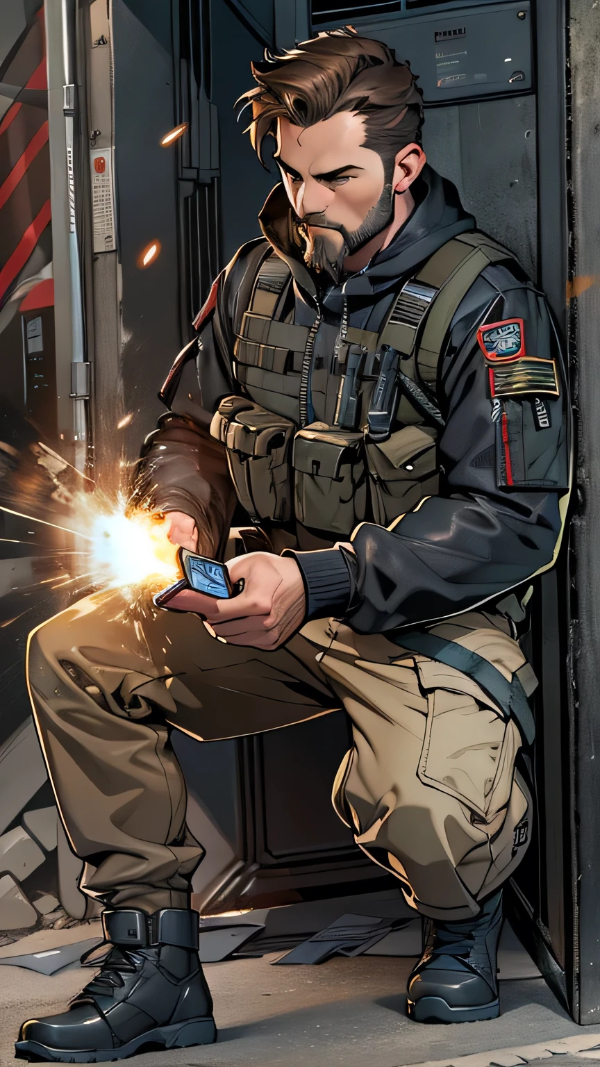 Man in his early thirties, with short brown hair and a wispy beard, wearing a black tactical jacket and cargo pants, kneeling next to a metal door, activating an explosive charge with an electronic device, expression focused and determined