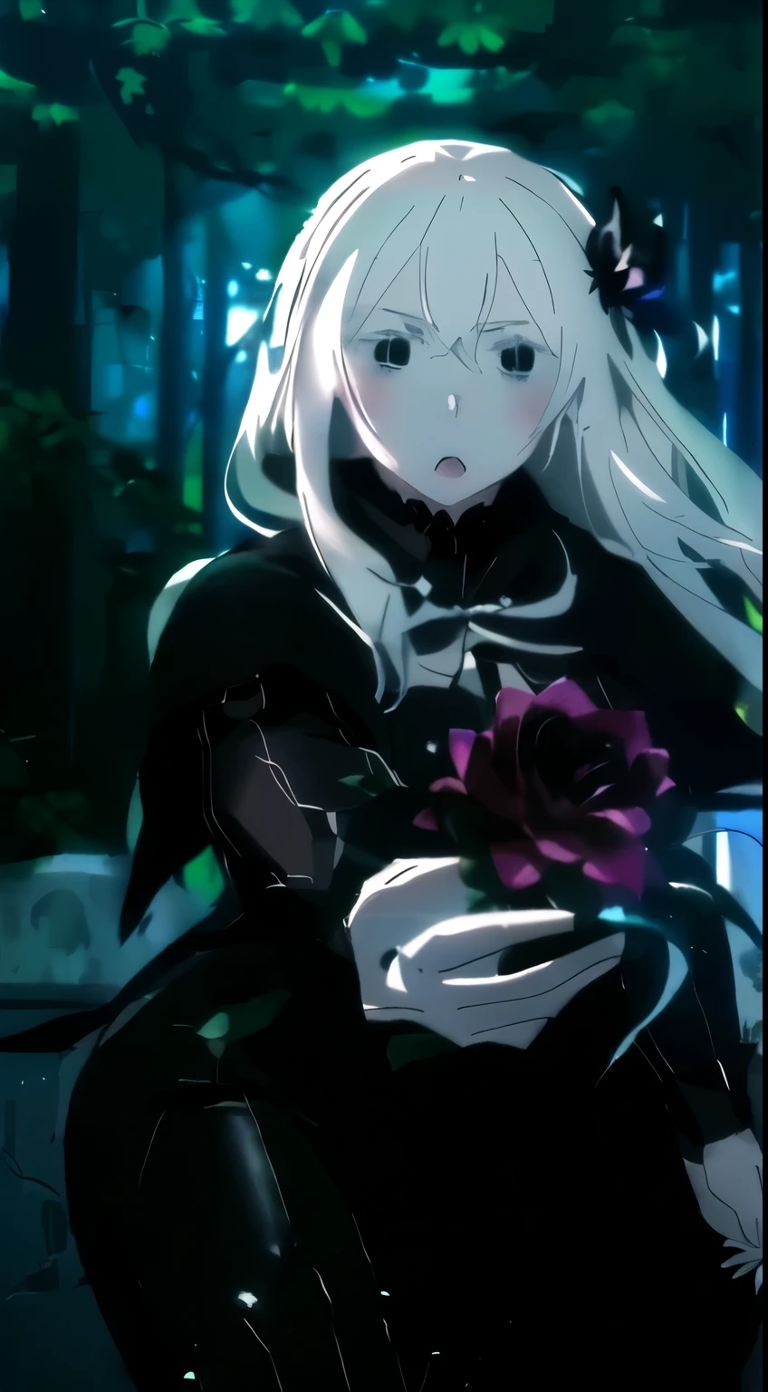 chica anime con by white sosteniendo una flor en un bosque, by white deity, Guapo Drow, drow, perfect drow, beautiful drow man, I was the point, inspired by Li Chevalier, drow man, by white, v devil may cry, by white lady, lol, holding magic flowers, anime girl gothic maiden