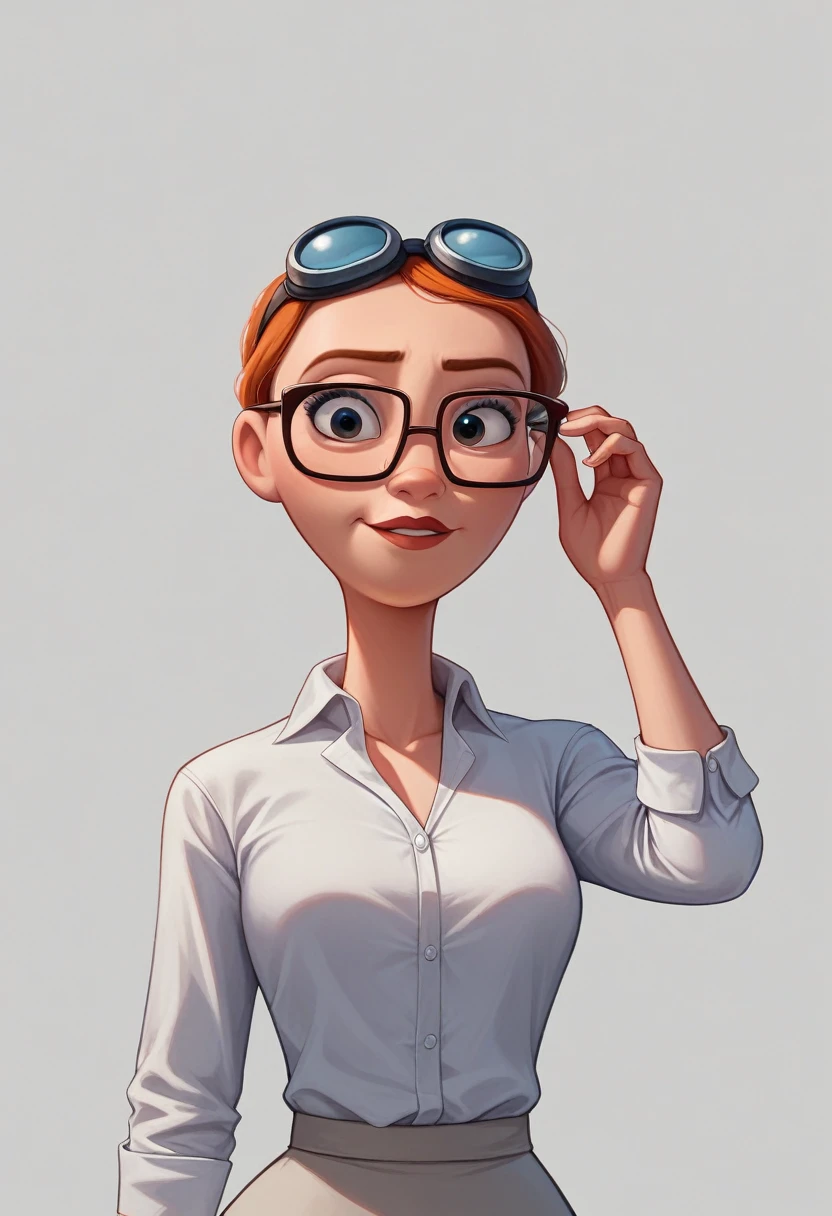 3D cartoon style art, Disney Pixar Style Eyewear Store Background, Glasses on all sides, Flying Goggles, white clear background, Woman in glasses and white dress shirt, drawing like Disney Pixar, 3D Rendering Design