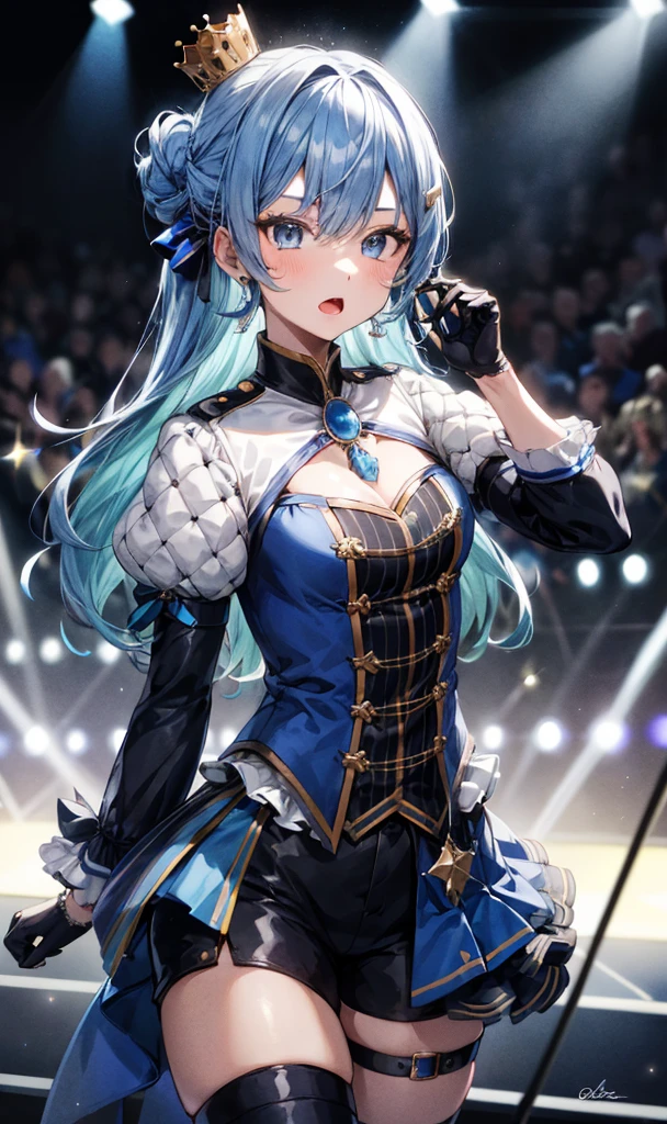 1girl, solo, concert, stage, stage lights, cowboy shot, idol, SuiseiStellar, long hair, half updo, tilted crown, white shrug \(clothing\), juliet sleeves, blue brooch, blue pinstripe shirt, blue vest, half gloves, blue shorts, half-skirt, o-ring thigh strap, single thigh boot