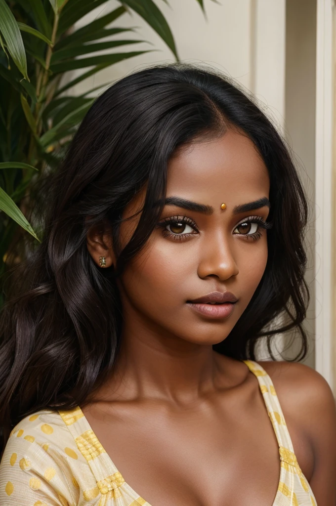 "Generate an ultra-realistic portrait of a South Indian woman with intense dark brown skin. She is short in stature with natural small breasts and hips. Her facial features include big lips, a diamond face shape, and chubby cheeks. She has a long forehead and curly long hair styled to the side. Her eyebrows are minimal, and she wears basic eyeliner. The woman is depicted wearing a yellow bra with white dots. Her lips are dark, complementing her darker skin tone and facial complexion."
