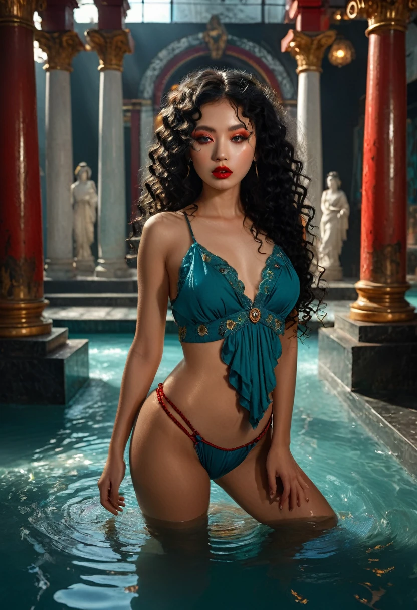 (1 girl 1.3) (extremely detailed 1.3) (anatomically correct, High precision, realistic skin) (RAW photo, nikon, 8k, Super detailed, advanced details, intricate details,), (Lighting: Face lighting, Ray tracing, reflective light, Structurally correct) ((Background: back room of a nightclub 1.3)) ((divine aura, goddess of fertility, sex, and eroticism) (Subject: beautiful half-asian, mixed asian-european, bronze skin, woman with hair in black curls and coils) (wearing:  detailed embroidered goth ta roccoco ancient priestess), ((beautiful big eyes looking up at the viewer, )) [(best quality, highres, masterpiece:1.2), A half-asian half greek female virgin sacrifice, bronze skin, inthe style of Boris Valloje, full body portrait, sharp focus, vivid colors, detailed facial features, black curly wavy hair, expressive eyes, full red lips, creative atmosphere, bursts of inspiration,, huge , long legs, water temple] teal, bronze, slate, rust