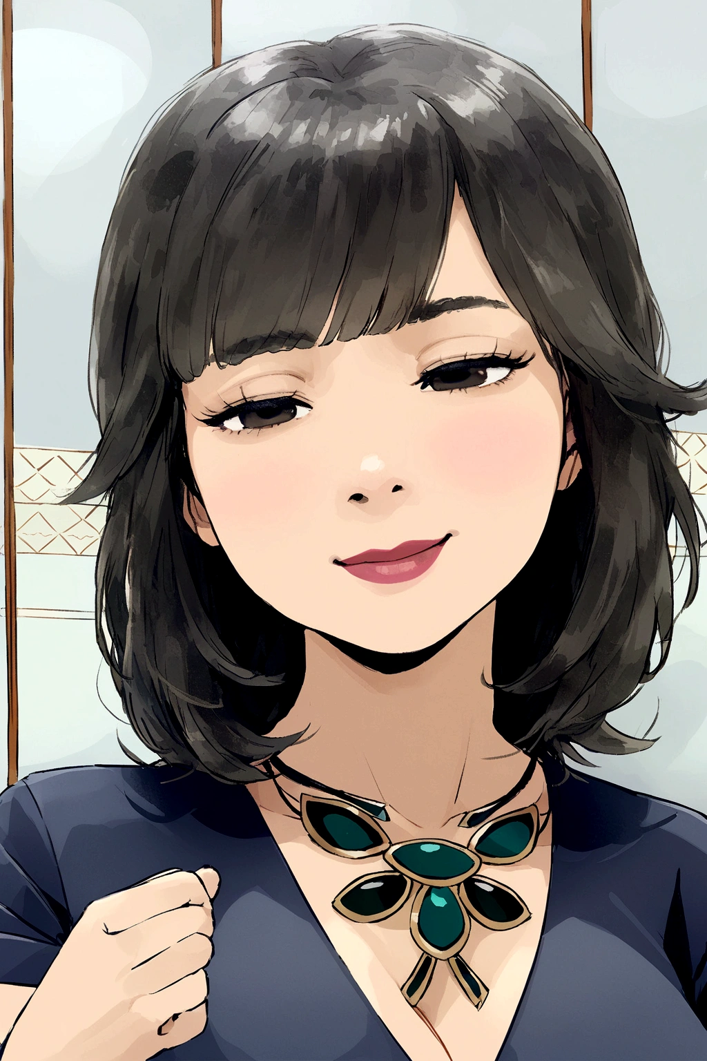 adult woman, light skin, short shoulder length hair with bangs and dark slanted eyes, disney pixar style